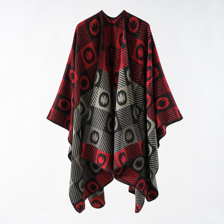 Damen Jacquard-Wickelponcho aus feinem Strick mit grafischem Kreis-Jacquard und offener Kimono-Silhouette Drune