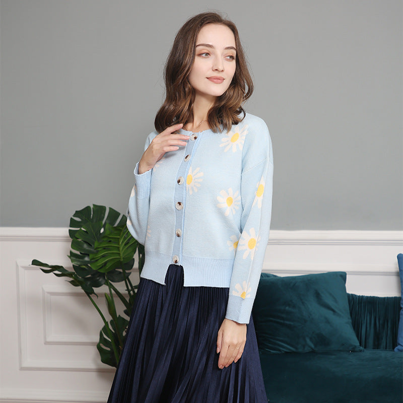 Damen modische Strickjacke mit floralem Muster und kurzen Ärmeln Drune