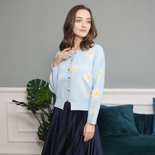 Damen modische Strickjacke mit floralem Muster und kurzen Ärmeln Drune