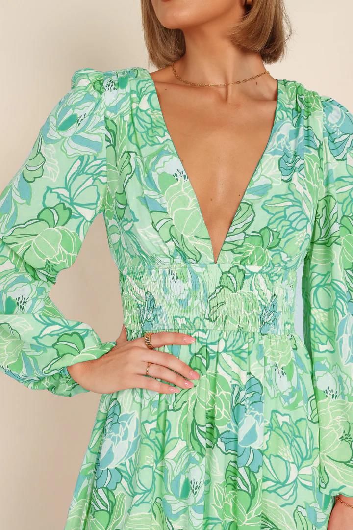 Damen Blütenmuster Sommerkleid mit tiefem V-Ausschnitt und Puffärmeln Drune