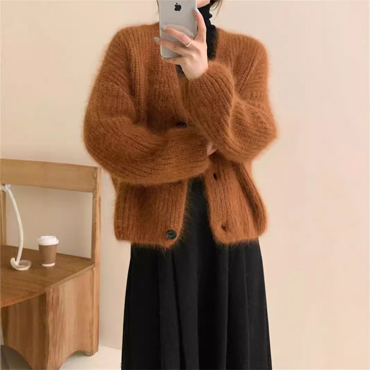 Damen Flauscher Strickjacke mit Knopf und lässigem Schnitt Drune