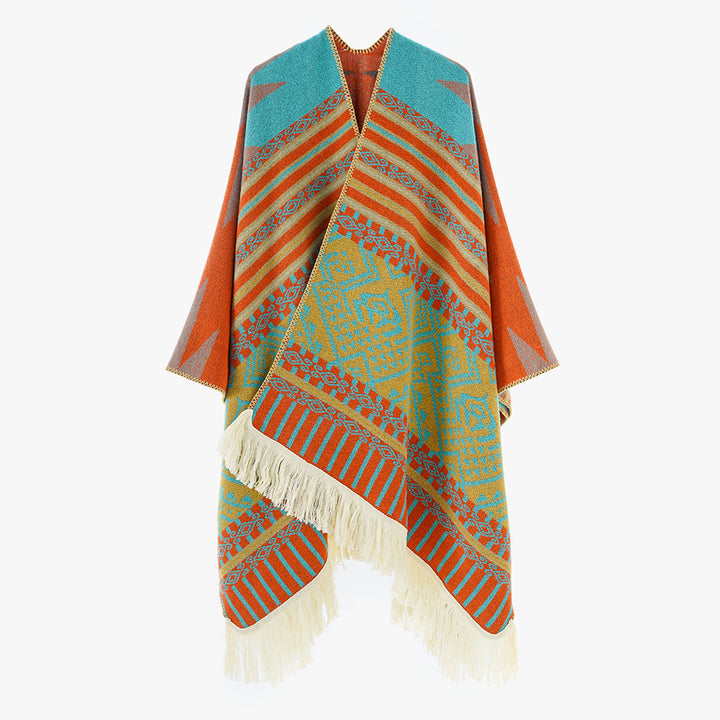Damen Ethno-Jacquard Cape aus Wollmix mit asymmetrischem Saum, V-Ausschnitt und Fransen Drune