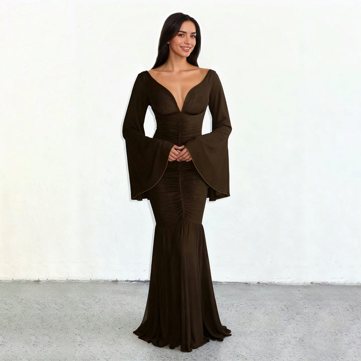 Damen langes Wickelkleid mit dramatischen Schößchenärmeln und cut-out Design Drune