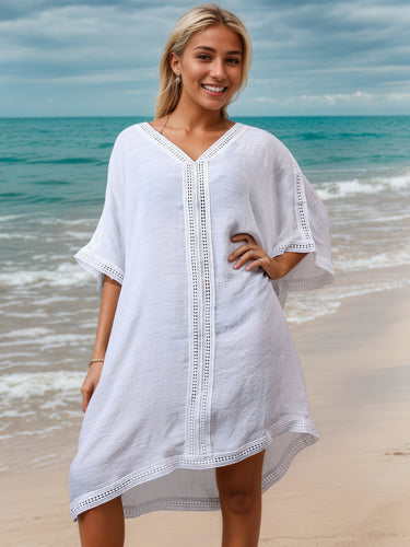 Damen Strandkleid mit dekorativen Häkel-Details und asymmetrischem Saum Drune