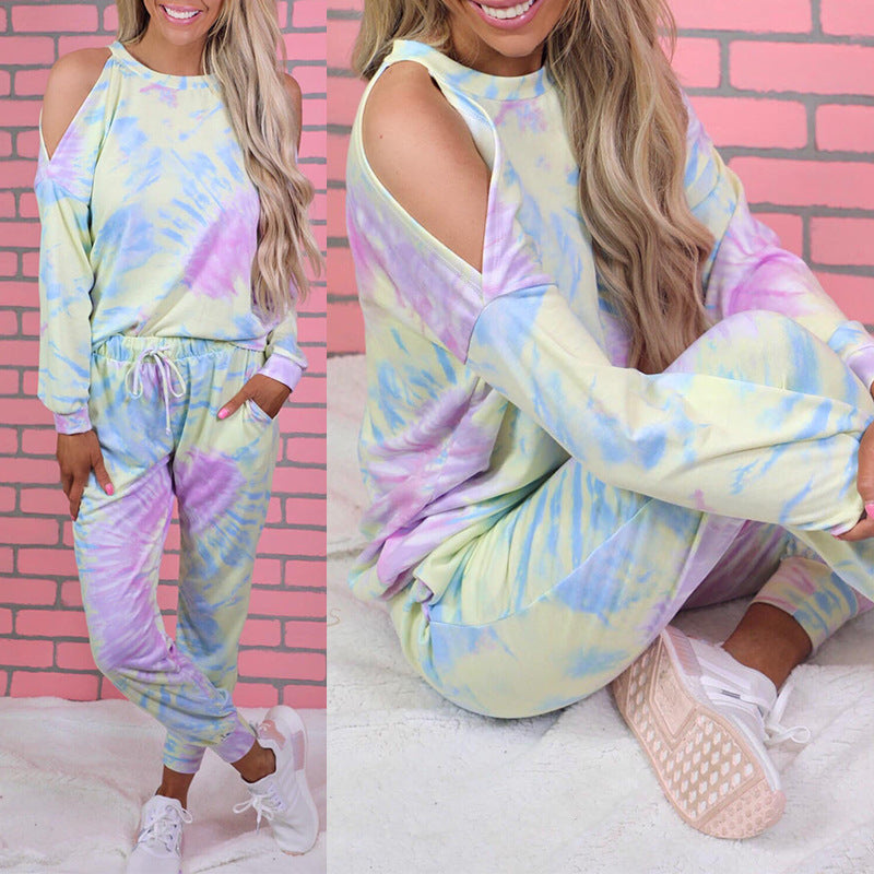 Damen Freizeit-Loungewear-Set mit lässigem Cut-Out-Design und buntem Tie-Dye-Muster Drune