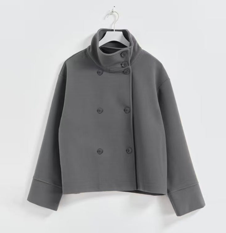 Damen Modische Cropped Jacke mit hohem Kragen und doppelter Knopfleiste Drune