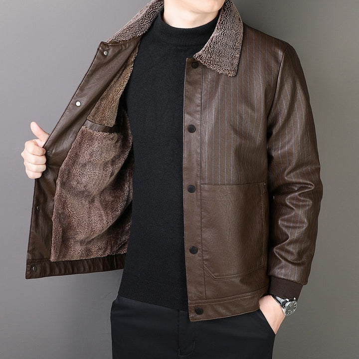 Herren Kunstleder-Blouson mit Sherpa-Kragen, wärmendem Teddyfutter und Nadelstreifen-Detail Drune