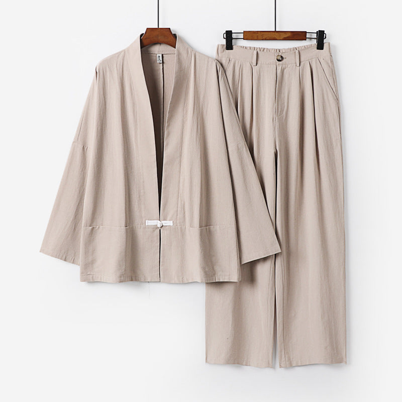 Damen Kimono-Lounge-Set aus leichtem Viskose-Leinen mit dekorativem Knebelverschluss und weiter Bundhose Drune