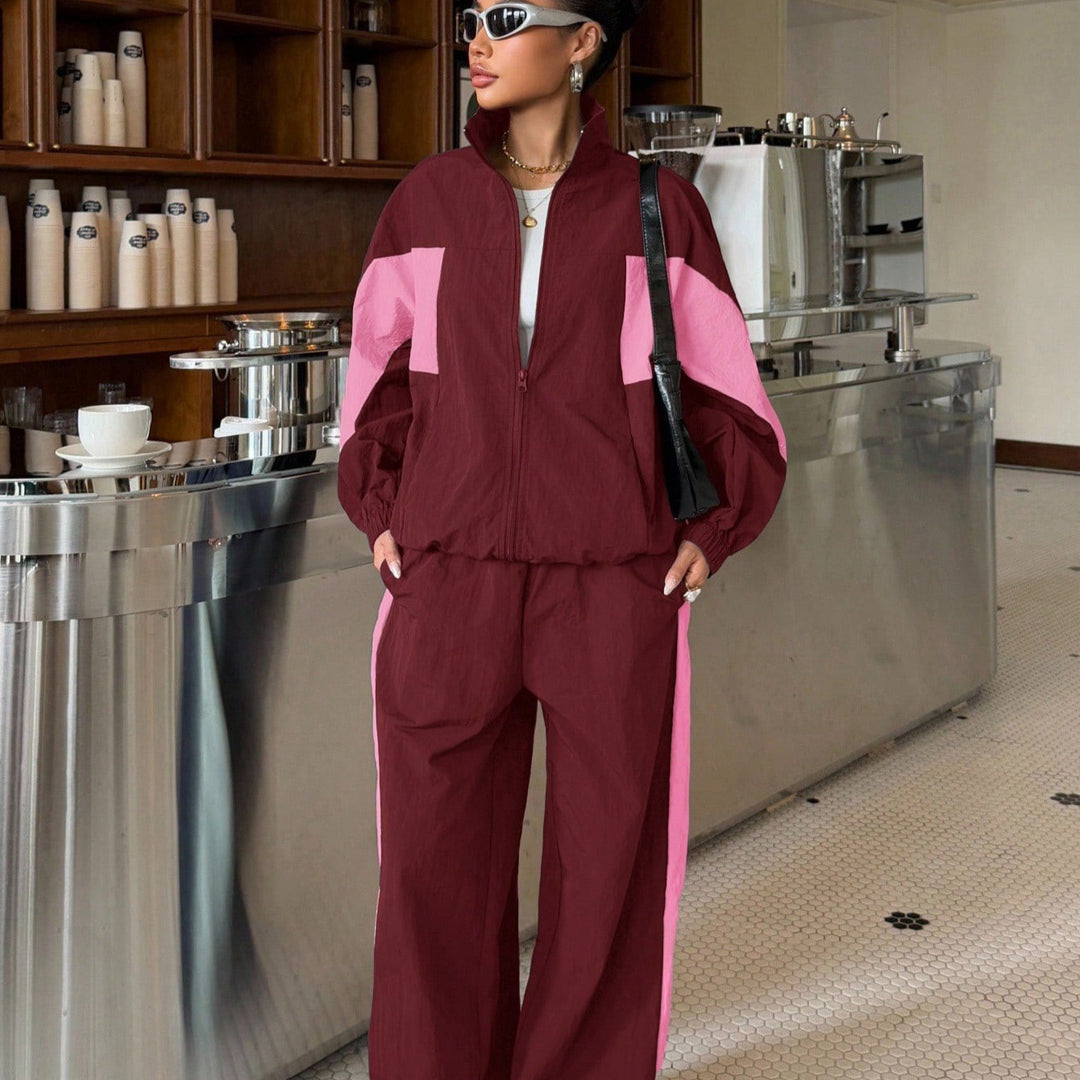 Damen Weites Nylon-Trackset mit Crop-Jacke, Zip-Kragen und Kontraststreifen Drune