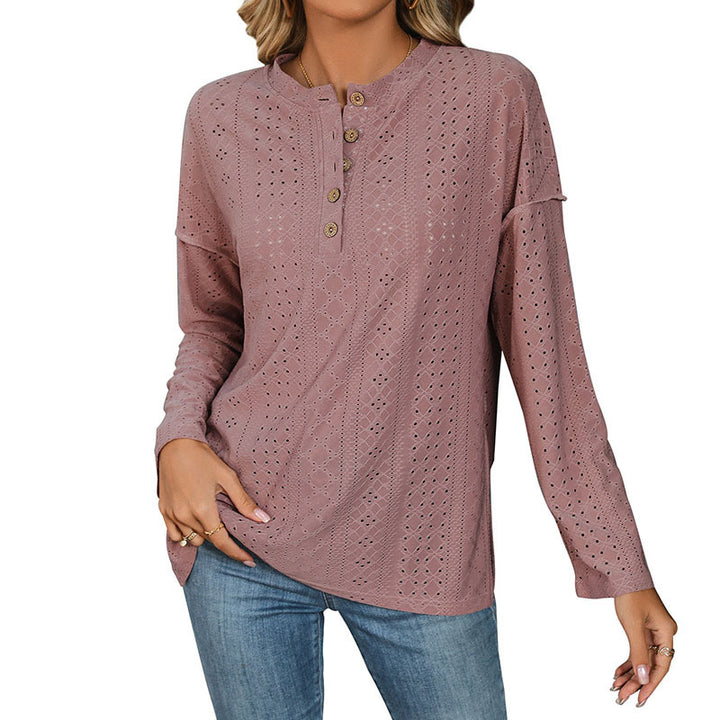 Damen Langärmelige Broderie-Anglaise-Bluse mit Henley-Knopfleiste & seitlichen Schlitzen Drune