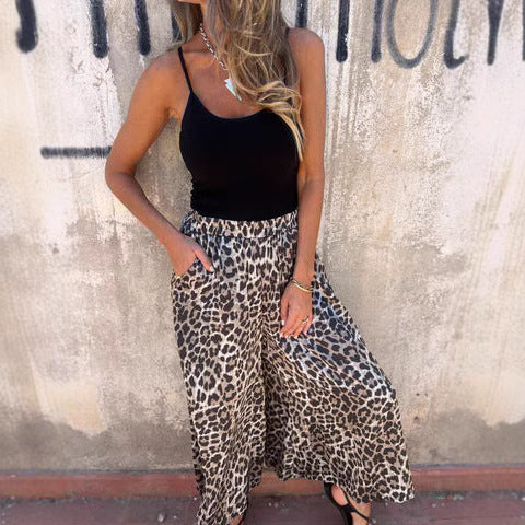 Damen weit geschnittene Palazzohose mit leopardenmuster Drune