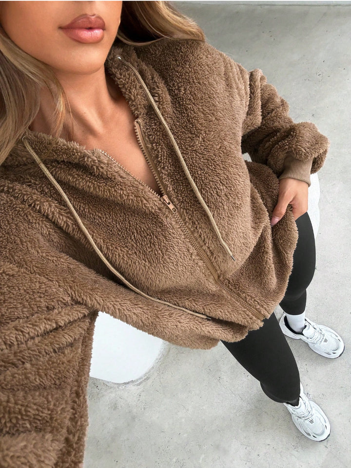 Damen Kuschelige Fleece-Jacke mit Känguru-Tasche und Kapuze Drune
