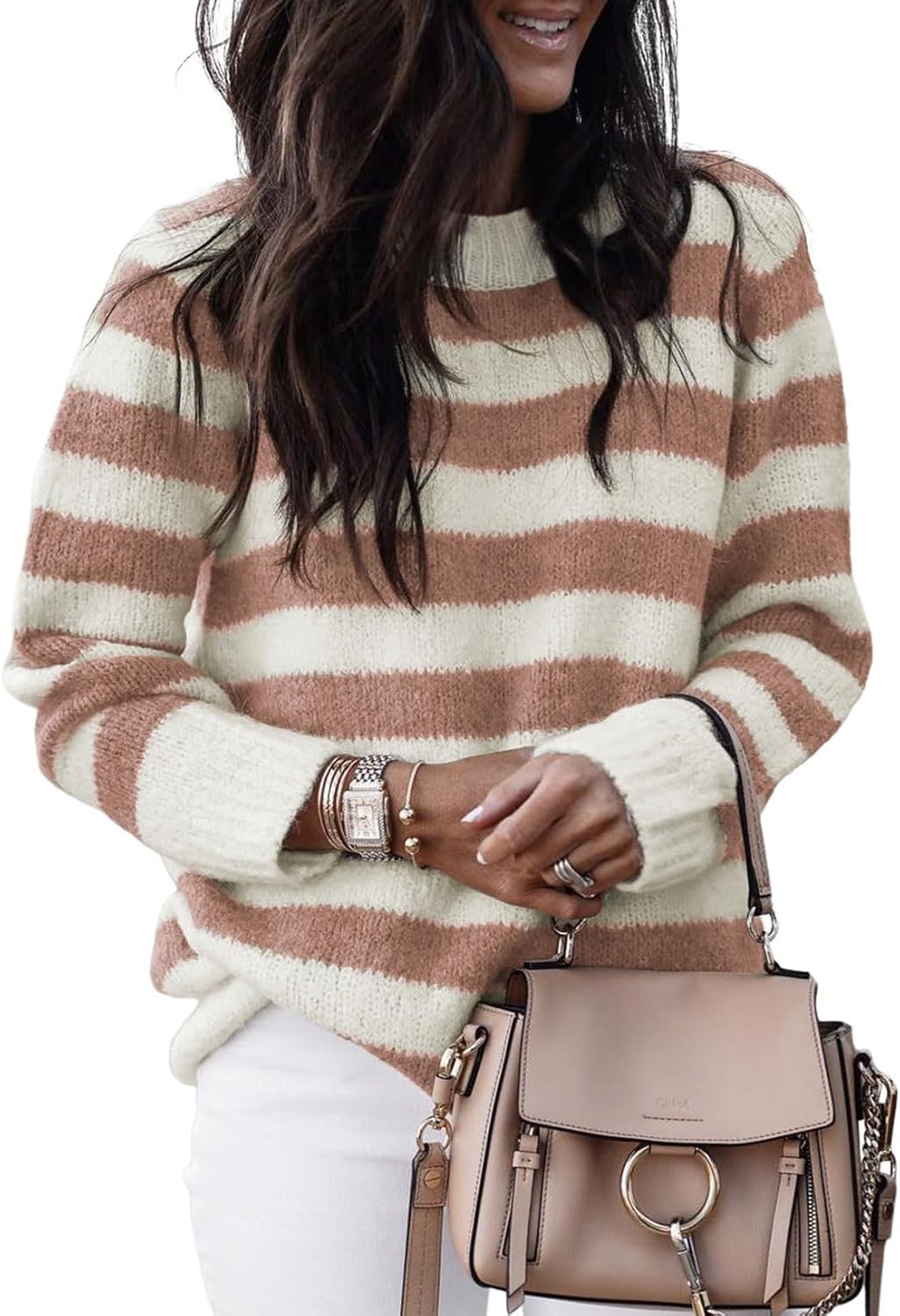 Damen lässiger Strickpullover mit breiten Querstreifen Drune