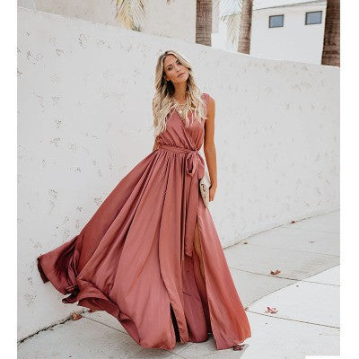 Damen Maxikleid mit hoher Teilung und elegantem Taillengürtel Drune