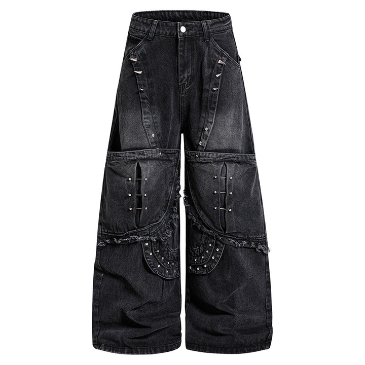 Damen Weite High‑Waist Denim‑Cargo‑Culotte mit Nieten und großen Pattentaschen Drune