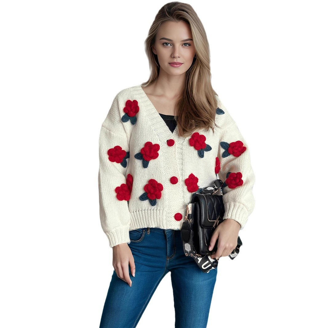 Damen kuschelige Strickjacke mit floralem 3D-Design und großen Knöpfen Drune