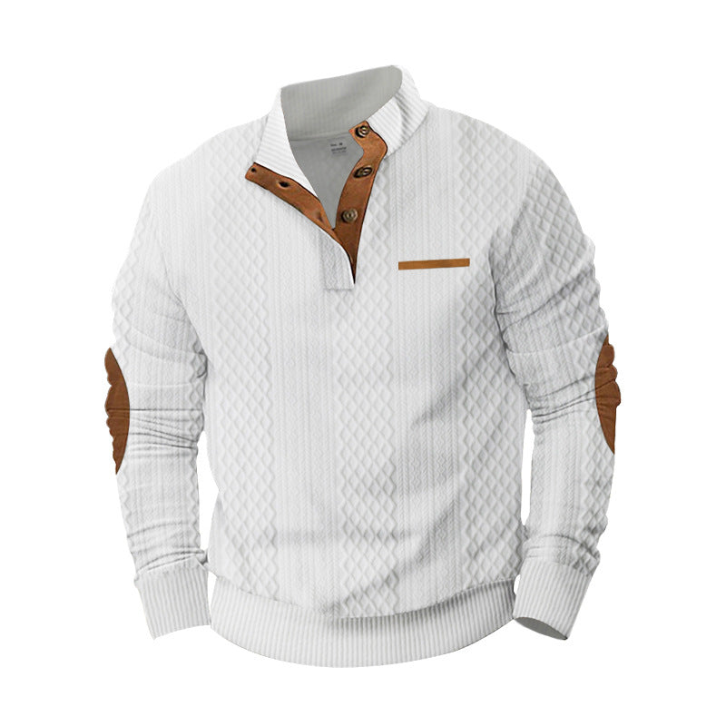 Herren nan strukturiertes Halbknopf-Pullover mit gesteppter Oberfläche, Ellbogen-Patches und Stehkragen Drune
