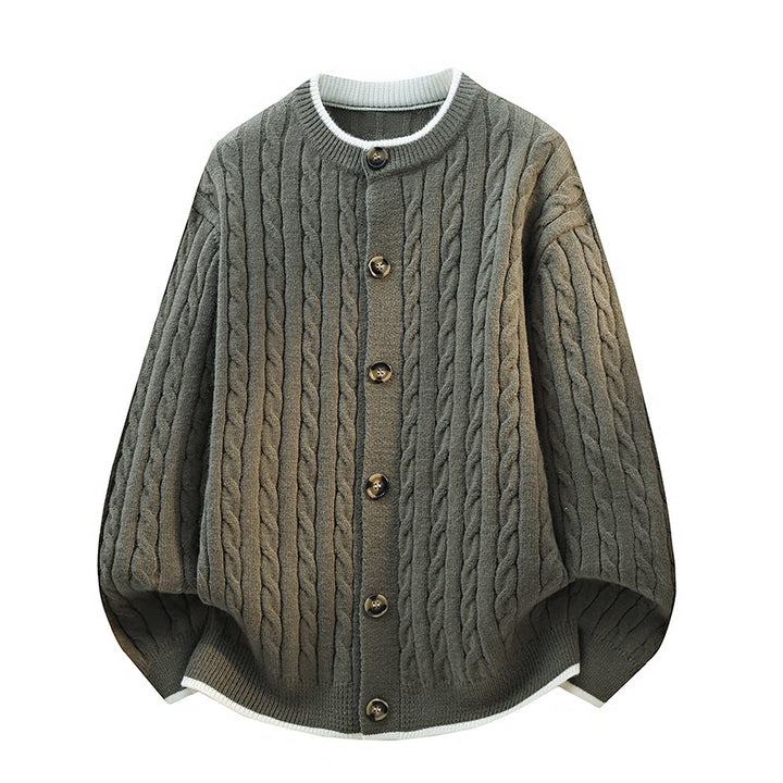 Damen Oversize Zopfstrick-Cardigan mit Rundhalsausschnitt, Holzknopfleiste & Kontrastbesatz Drune