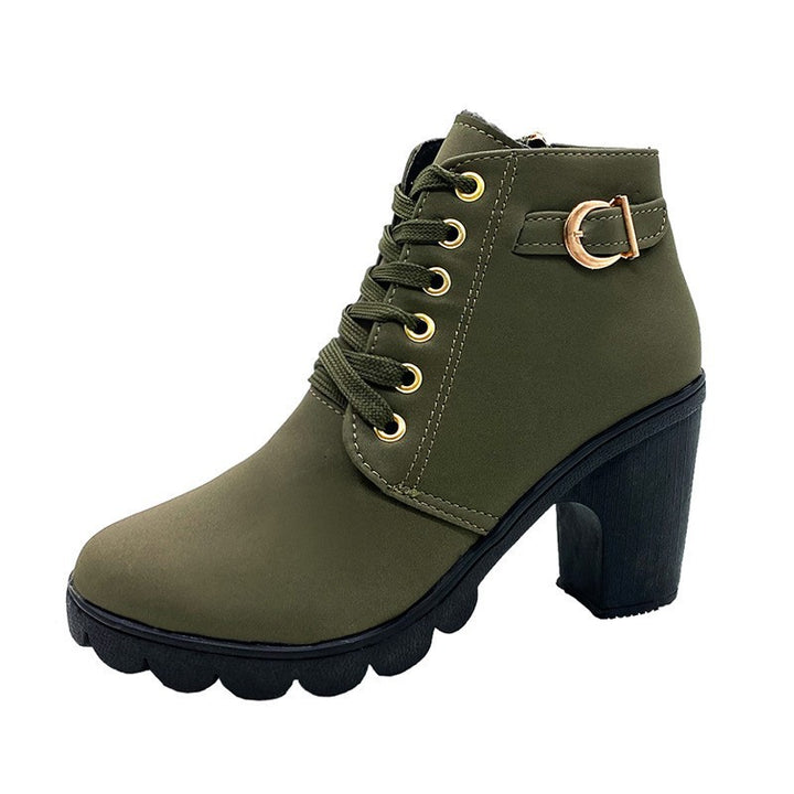 Damen nan elegante Schnür-Stiefelette mit mittlerem Blockabsatz, profilierter Gummilaufsohle und dekorativer Metallschnalle Drune