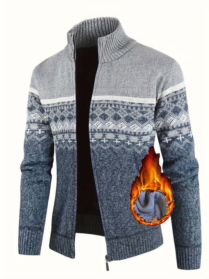 Herren Thermo-Strickjacke mit Stehkragen und Reißverschluss Norwegerstrick Fleece-gefüttert Drune