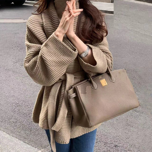 Damen Strickjacke mit breitem Schalkragen und praktischer Taillenbindung Drune