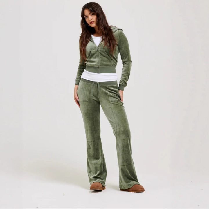 Damen Samtvelours Cropped-Zipjacke mit Kängurutasche und hochgeschnittener Bündchenhose Drune