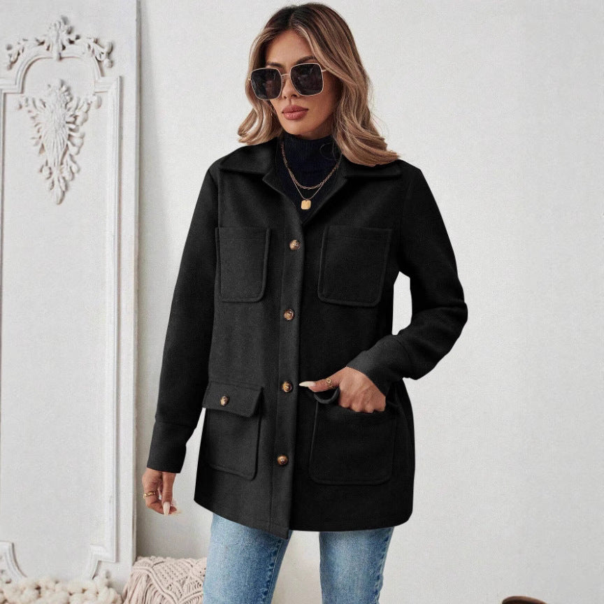 Damen Modische Utility-Jacke mit großen Taschen und goldenem Druck Drune
