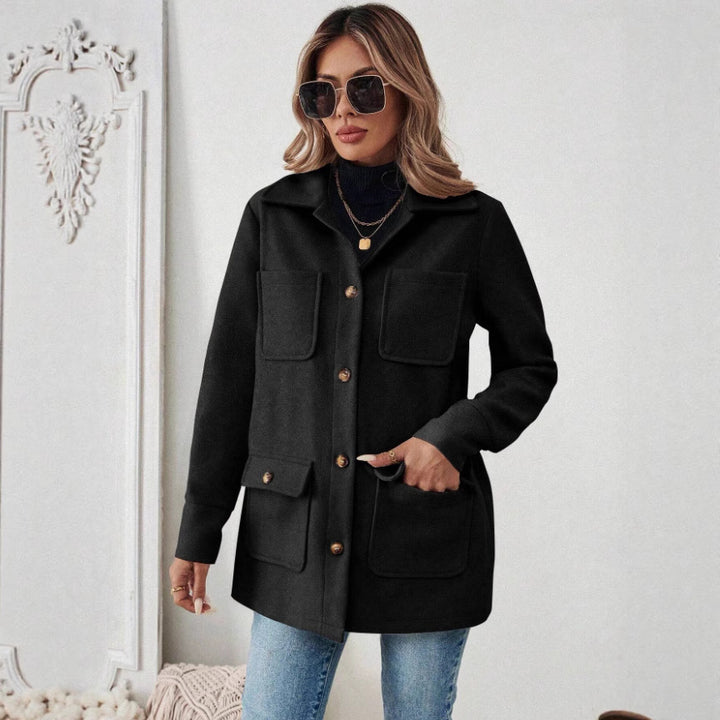 Damen Modische Utility-Jacke mit großen Taschen und goldenem Druck Drune