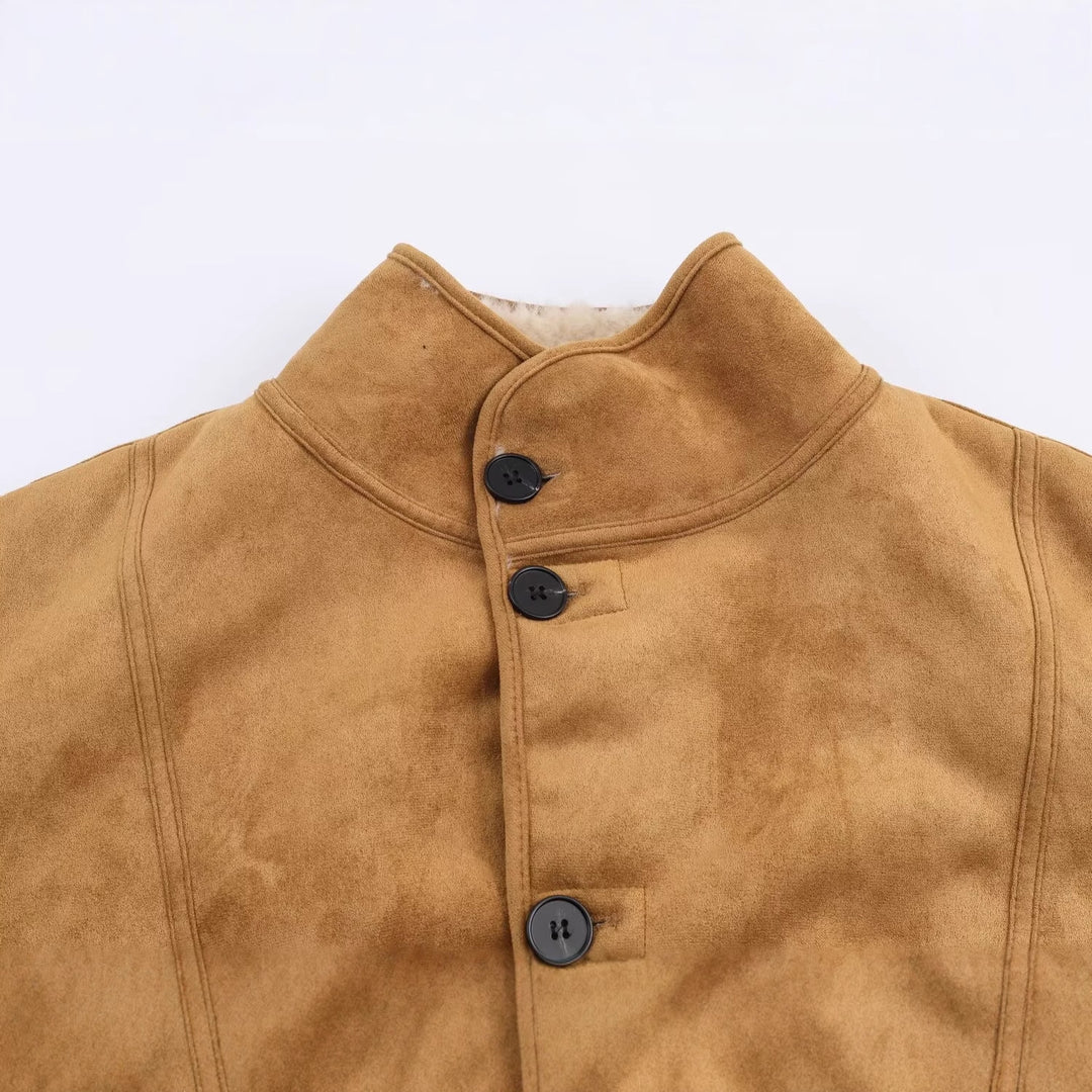 Damen Kurze Lammfellimitatjacke im Boxy‑Schnitt mit Stehkragen und großen Außentaschen Drune