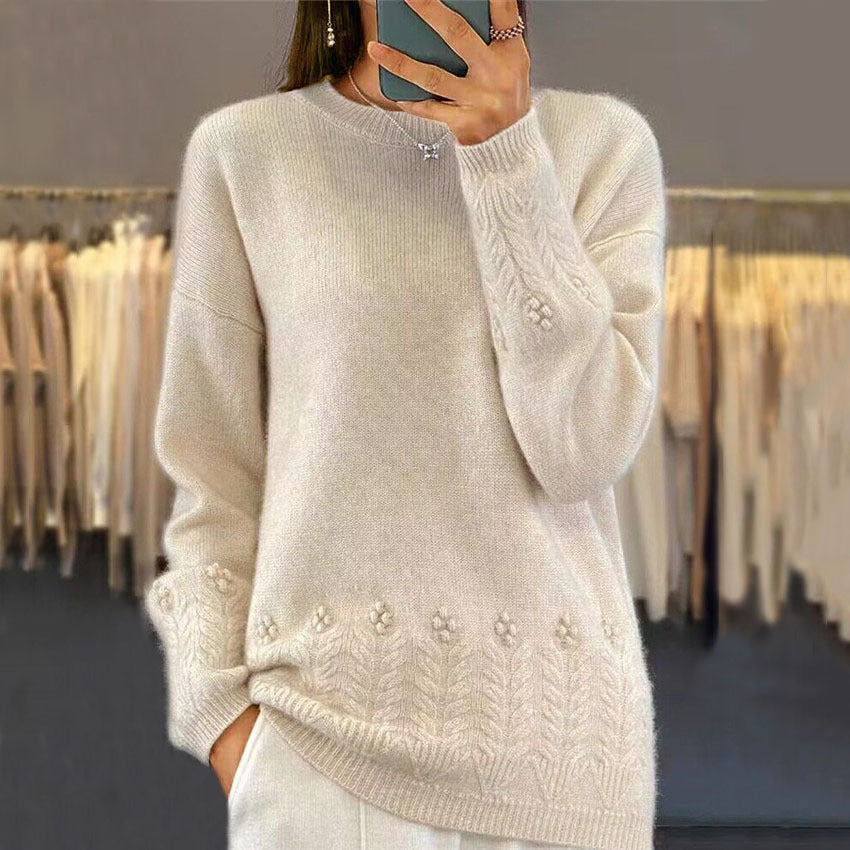 Damen nan kuscheliger Oversize Kaschmir-Mix Pullover mit Zopfmuster und Perlenapplikation Drune