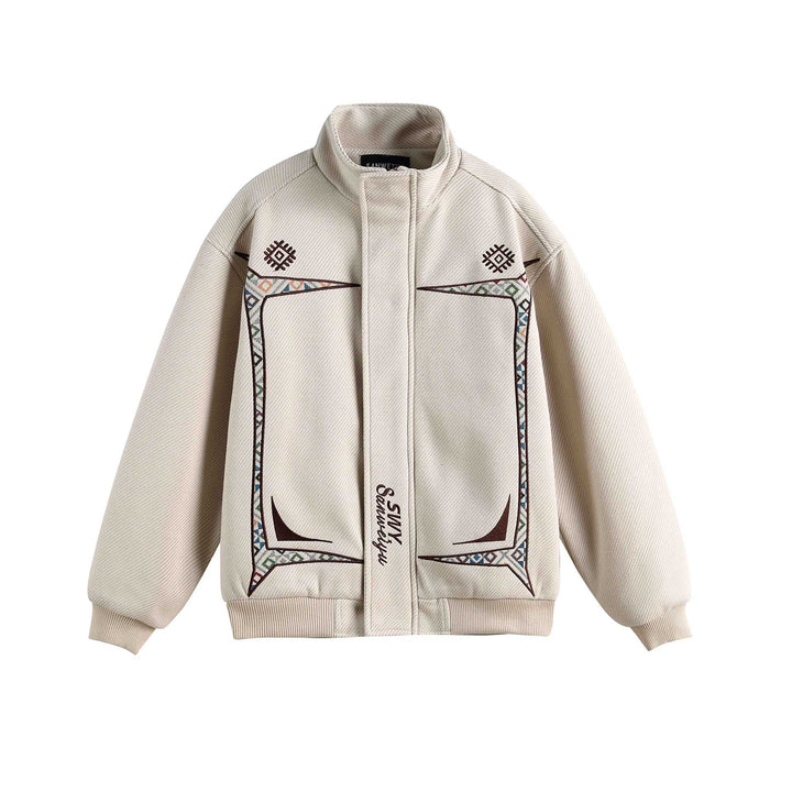 Damen Leichte Stehkragen-Jacke mit folkloren Stickapplikationen und gerippten Bündchen Drune