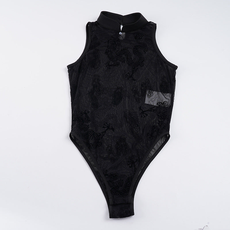 Damen sexy Bodysuit mit eleganten Spitzenakzenten und Stehkragen Drune