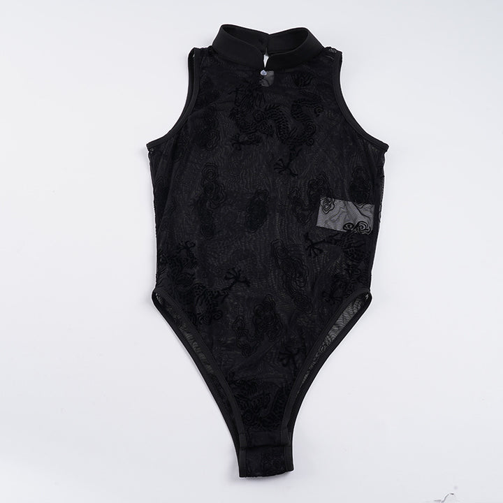 Damen sexy Bodysuit mit eleganten Spitzenakzenten und Stehkragen Drune