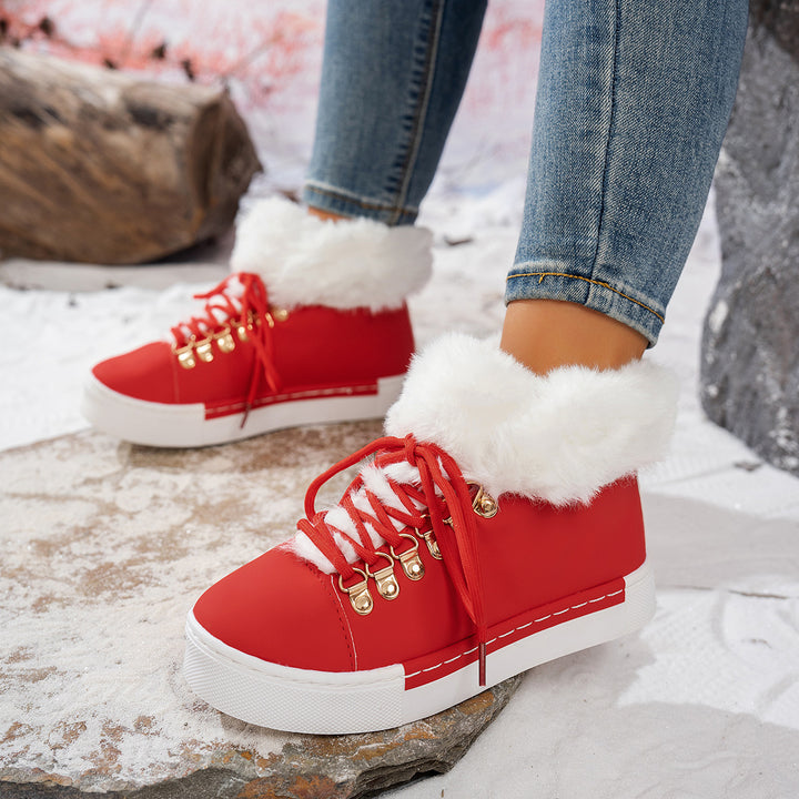 Damen Winterliche Sneaker-Stiefelette mit Kunstfellkragen und Plateau Drune