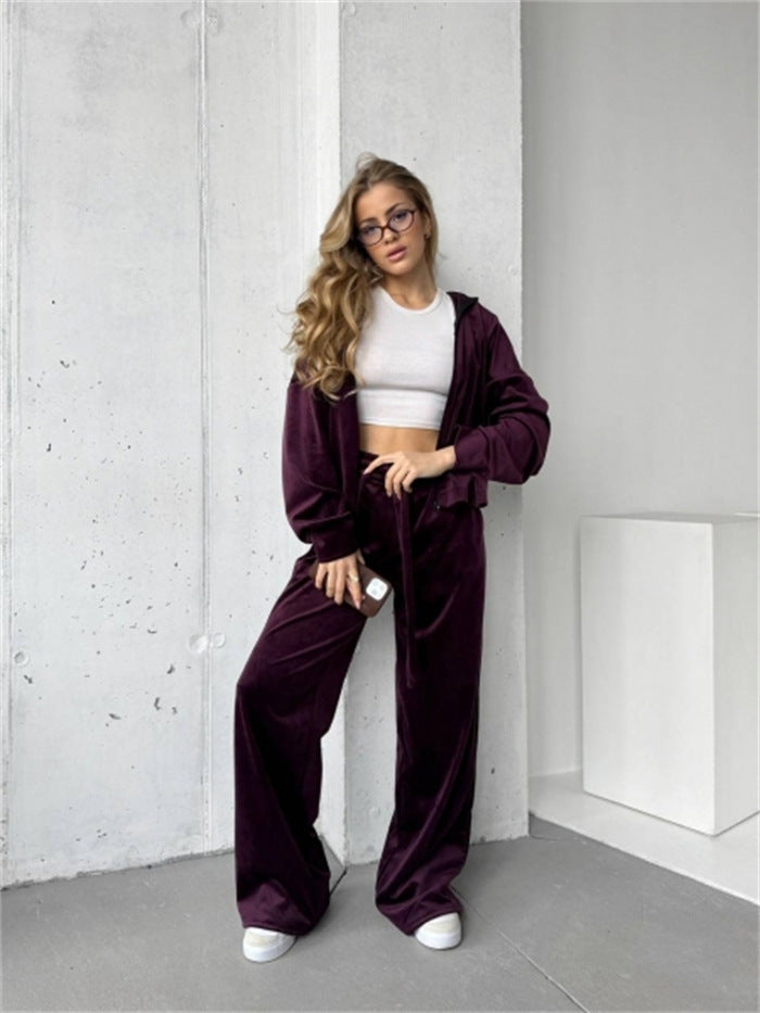 Damen weicher Velours Zweiteiler mit Kapuzenjacke und weiter Jogginghose Drune