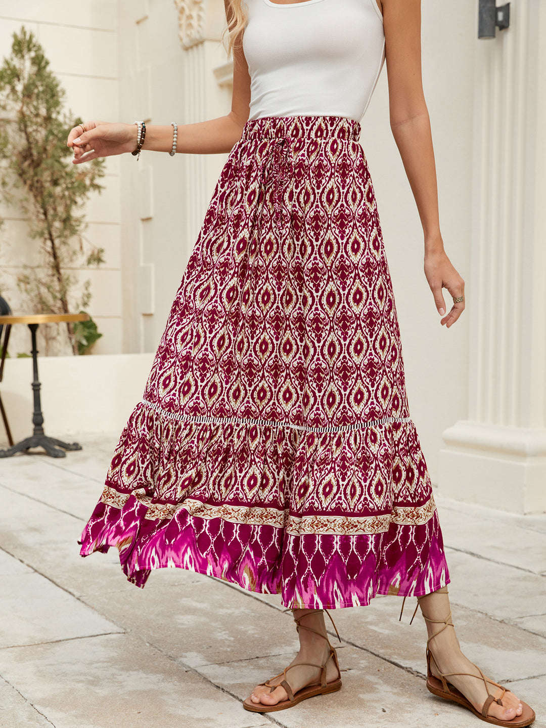 Damen Boho Maxirock mit voluminösem Saum und elastischem Bund Drune