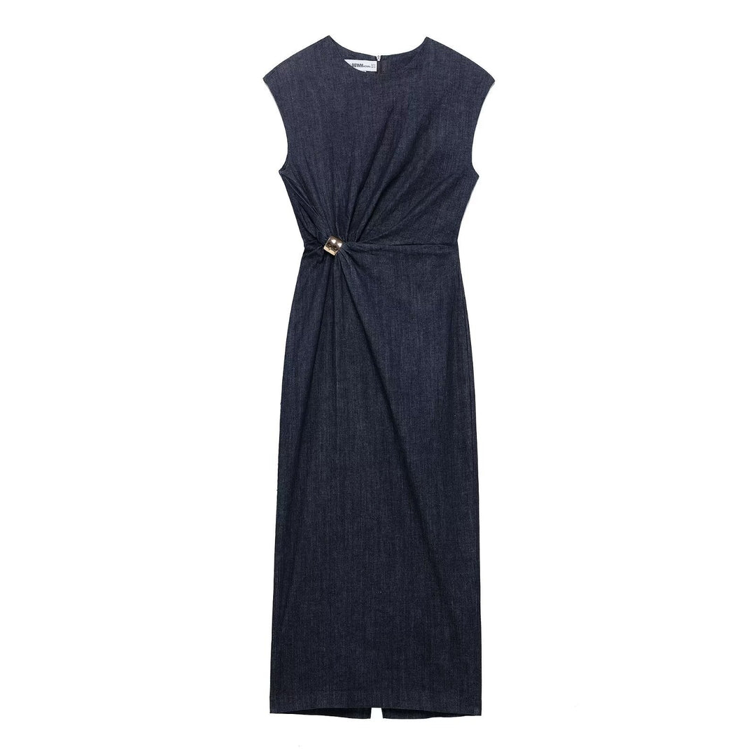 Damen elegantes Midikleid aus Denim mit Knopfdetail Drune