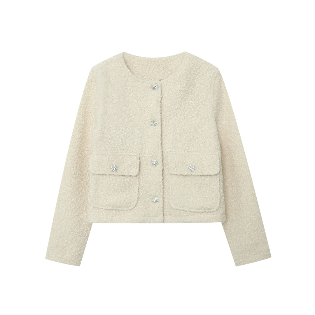 Damen nan Cropped Boucléjacke mit Rundhalsausschnitt, aufgesetzten Pattentaschen und glitzernden Zierknöpfen Drune