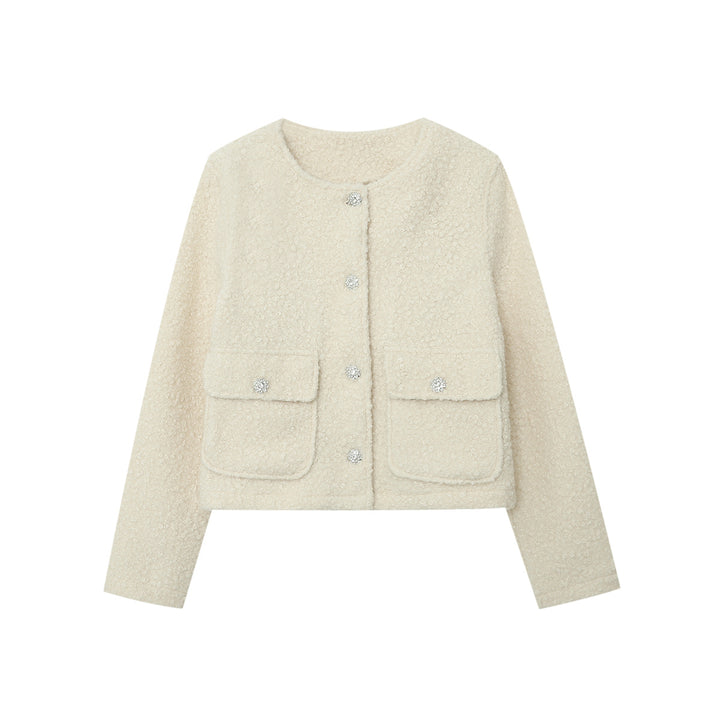 Damen nan Cropped Boucléjacke mit Rundhalsausschnitt, aufgesetzten Pattentaschen und glitzernden Zierknöpfen Drune
