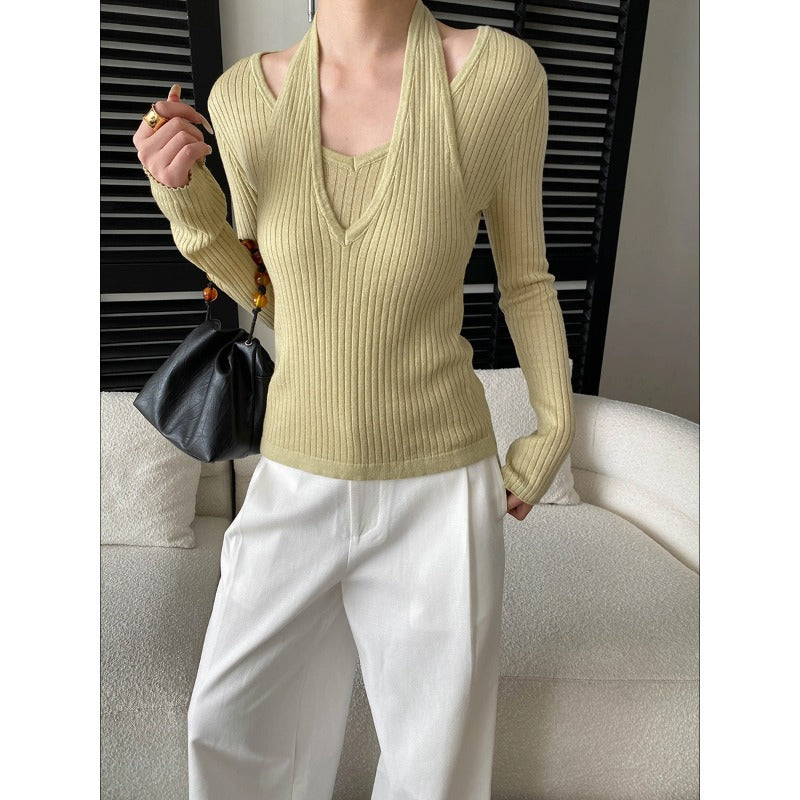 Damen eleganter V-Ausschnitt Strickpullover mit stylischen Cut-Outs Drune