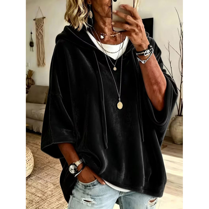 Damen Luxuriöser Samt-Hoodie mit Kimono-Kurzärmeln und Tunnelzug Drune