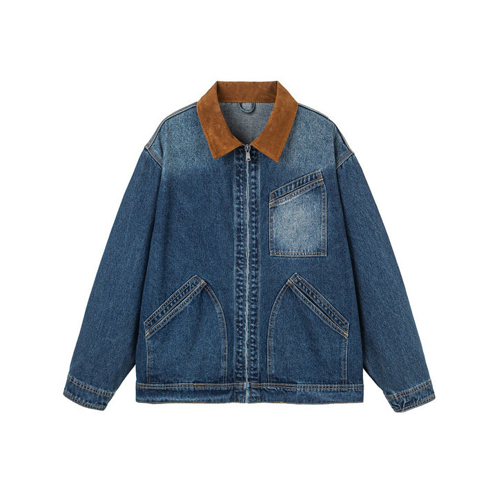 Herren Relaxed-Denimjacke mit Kontrast-Cordkragen und schräger Brusttasche Drune