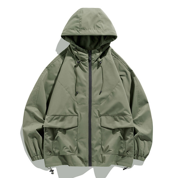 Herren Oversize Kapuzen-Windbreaker mit Multi‑Taschen, Mesh‑Einsätzen und Kordelzug Drune
