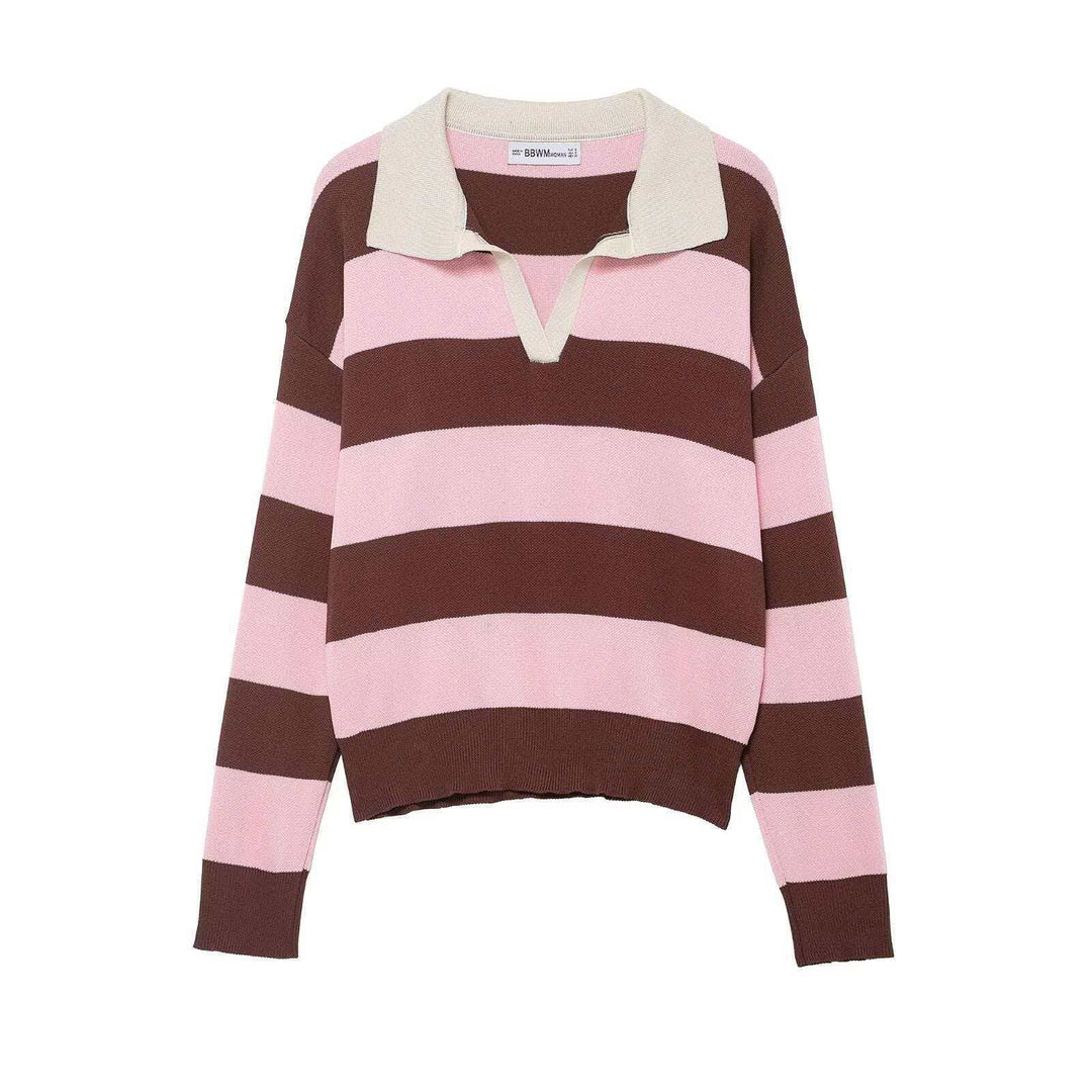 Damen nan gestreifter Rugby-Pullover mit Polokragen, V‑Ausschnitt und verlängerten Rippbündchen Drune