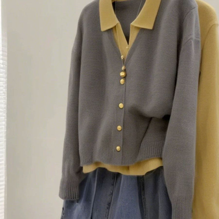 Damen modische Strickjacke mit elegantem Kragen und großen Knöpfen Drune