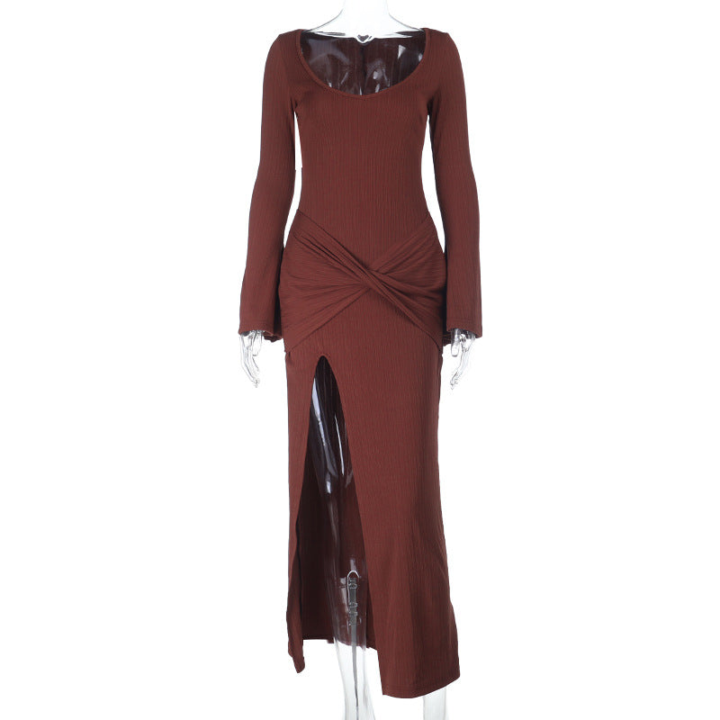 Damen elegantes langärmeliges Maxi-Kleid mit raffiniertem Wickel-Design und hohem Schlitz Drune