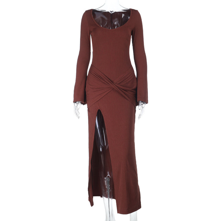 Damen elegantes langärmeliges Maxi-Kleid mit raffiniertem Wickel-Design und hohem Schlitz Drune