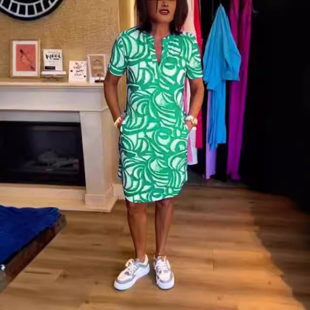 Damen Kurzarm Hemdkleid mit modernen grafischen Mustern und praktischen Eingrifftaschen Drune