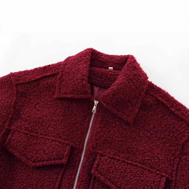 Damen Kurzgeschnittene Sherpa-Jacke mit Reißverschluss und aufgesetzten Pattentaschen Drune