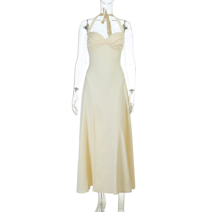 Damen elegantes Maxikleid mit Halter-Ausschnitt und fließendem Satin-Stoff Drune